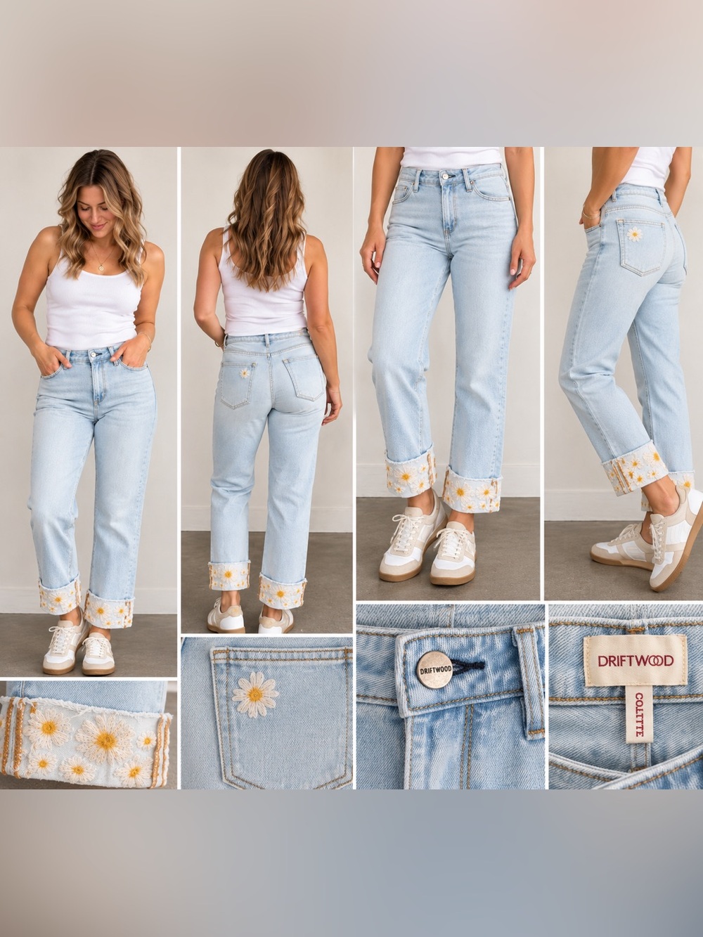 Driftwood Colette Light Wash Daisy Embroidered Cuff Cropped Jeans